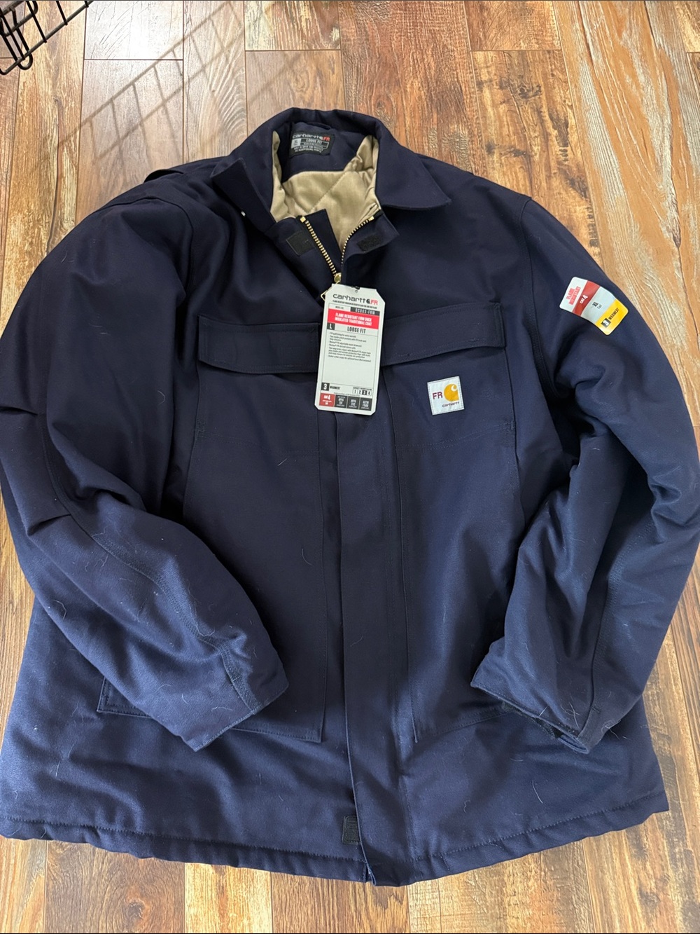 FR Carhartt Men’s Navy Work Field Jacket with Tan Lining
